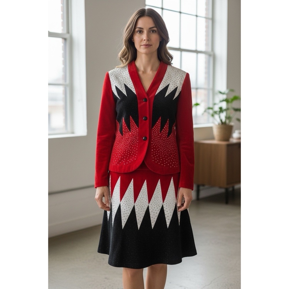 Donna Vinci Knits Set Sz 12 Red Black Wool Blend Vtg Rhinestone Skirt Suit Color